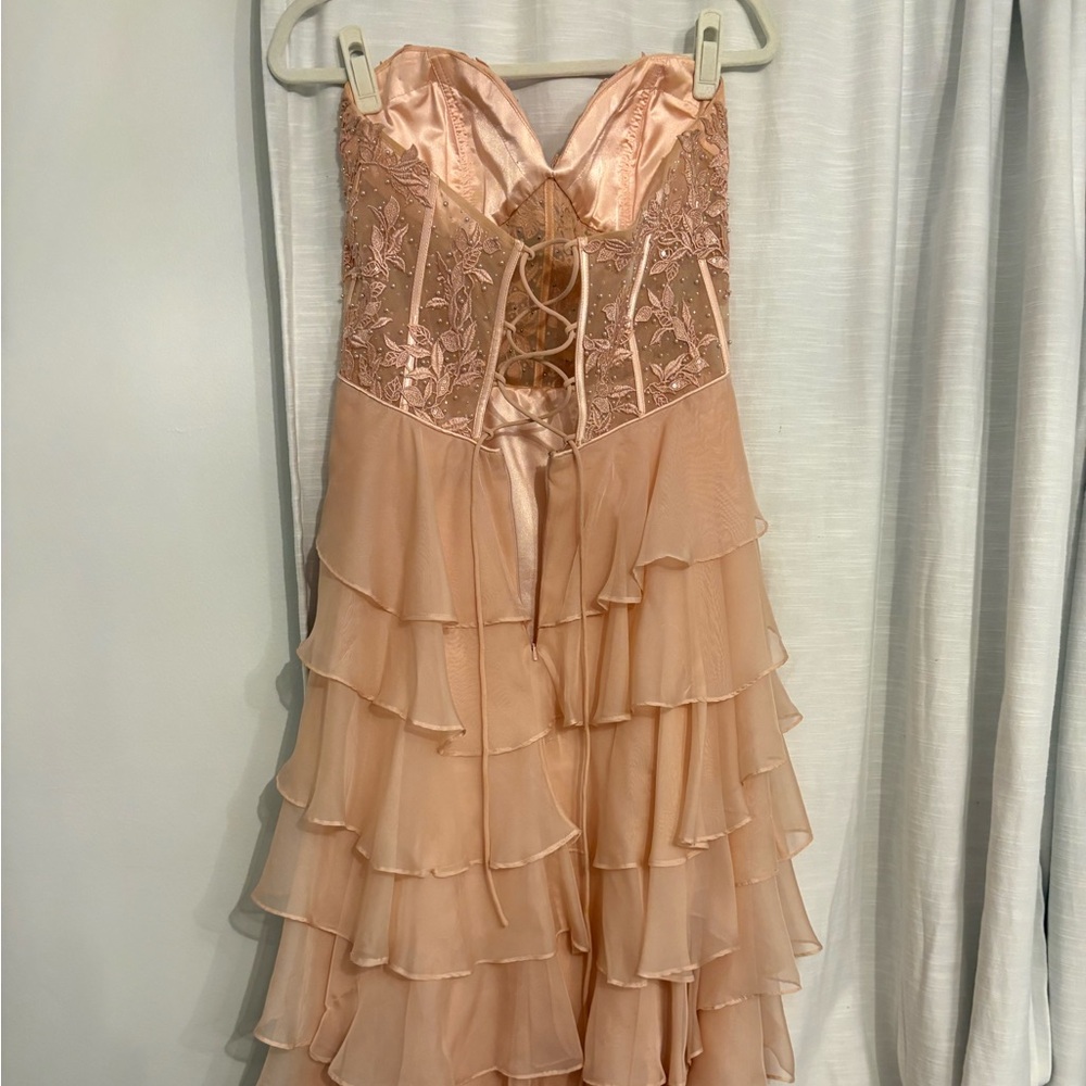 Sherri Hill Pink Lace Tiered Prom Dress - Picture 2 of 3